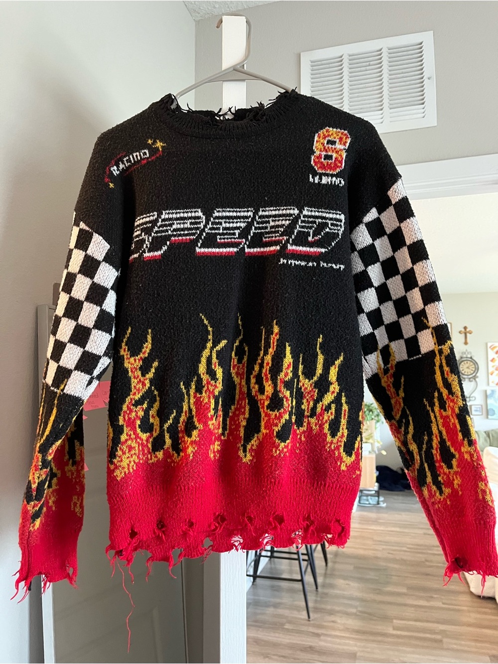 Men's Black & Red Flame Checkered Knit Sweater